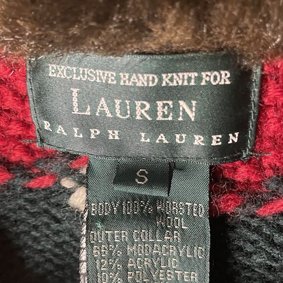 VTG Ralph Lauren Handknit Reindeer Wool Sweater Cardigan Faux Fur Holiday Sz S/M - Picture 15 of 16